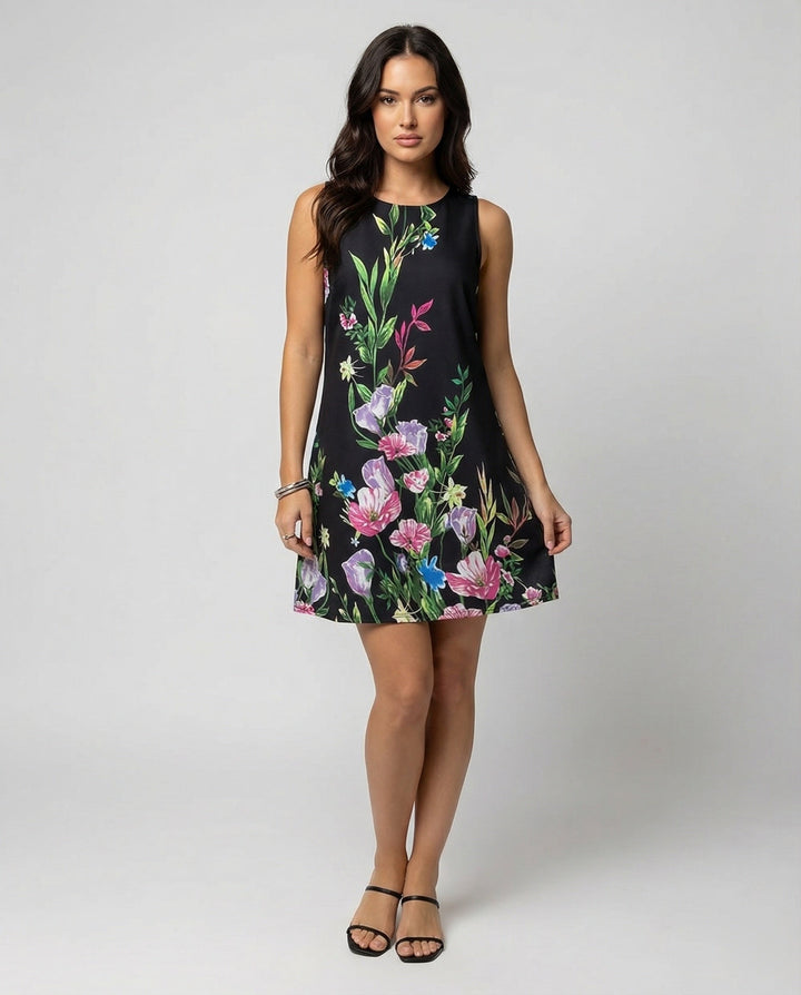 Vibrant artistic print women's sleeveless casual dress, perfect for summer everyday wear.