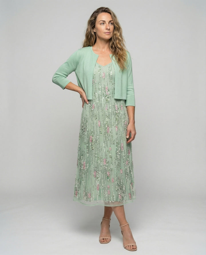 Elegant green floral two-piece midi dress for women, perfect for spring/summer special occasions and feminine style.