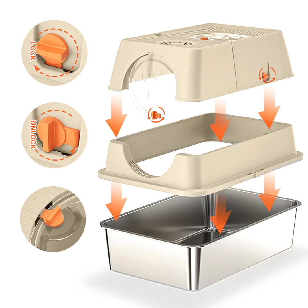 "Fully enclosed cat litter box with stainless steel tray, modern design, sleek enclosure, neutral colors, pet supplies."