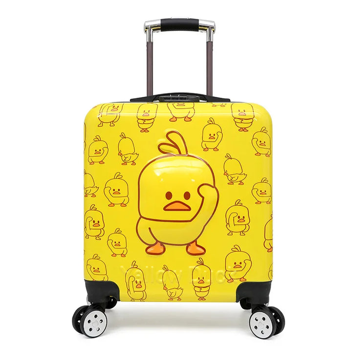 Ergonomic children's hard-shell rolling suitcase; animal-themed carry-on for young travelers.