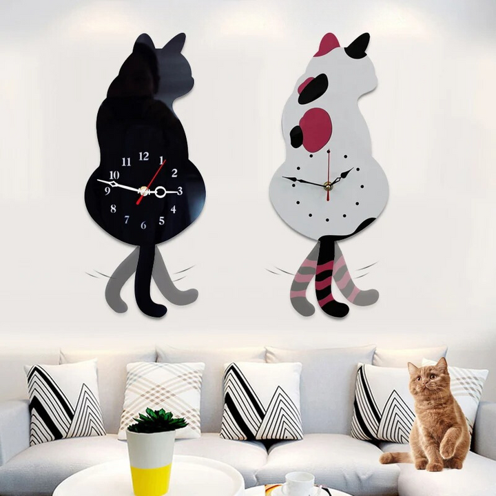 Furry animal wall clock with a swishing tail, silent movement. Whimsical home decor for pet lovers.