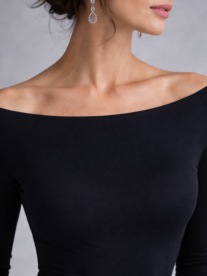 Comfortable long sleeve maxi dress for women, elegantly draped with a flattering boat neck.