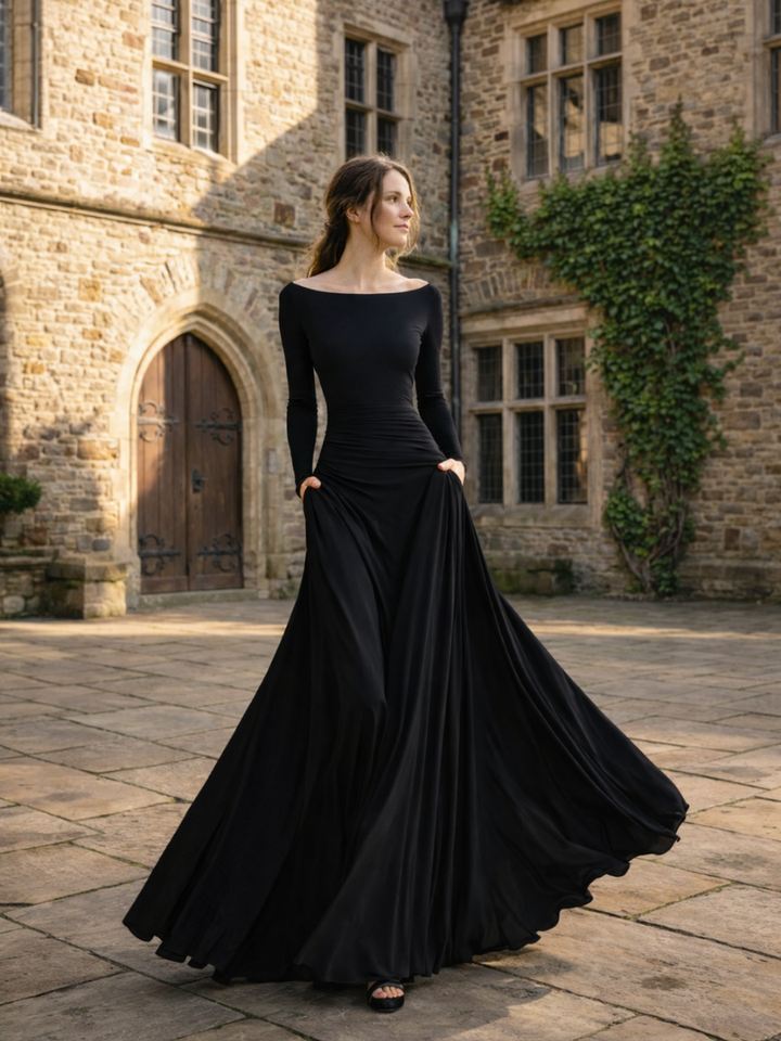 Versatile women's draped maxi dress, long sleeve for various occasions, sophisticated look.