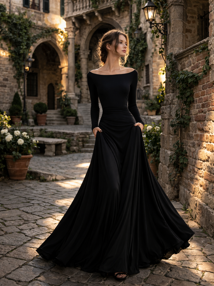 Chic women's long sleeve maxi dress, featuring elegant draping and a sophisticated boat neck.
