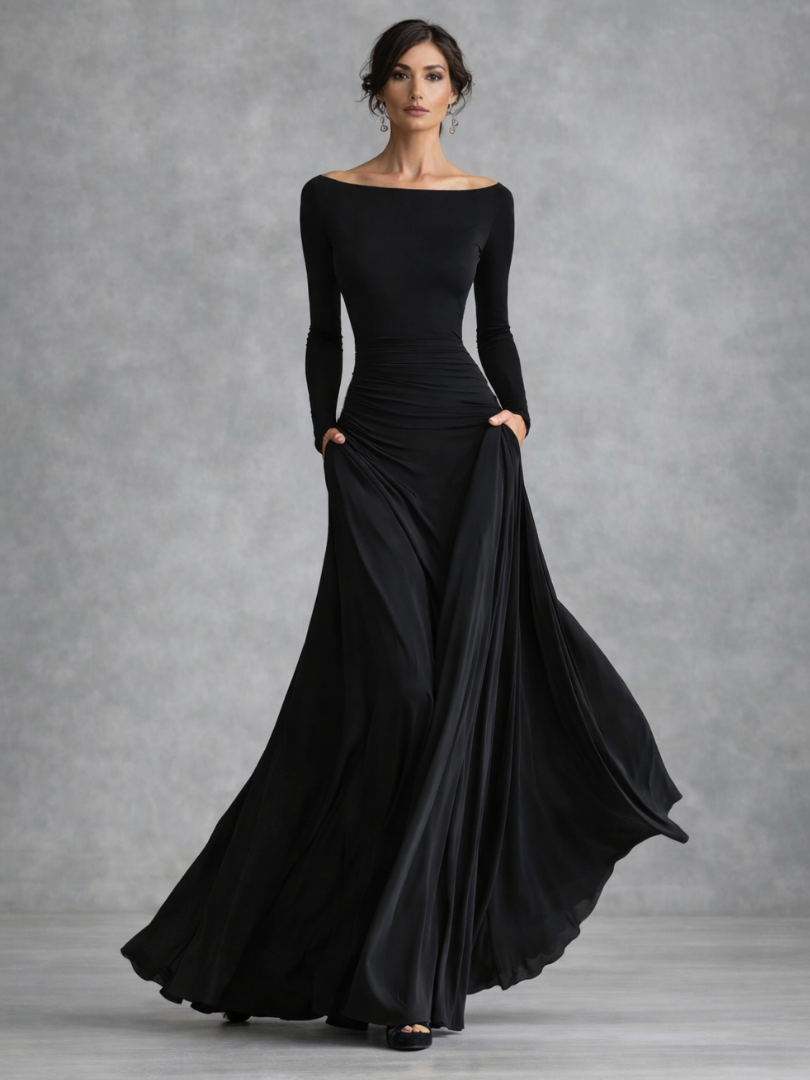 Elegant women's draped long sleeve maxi dress, perfect for sophisticated style and comfort.