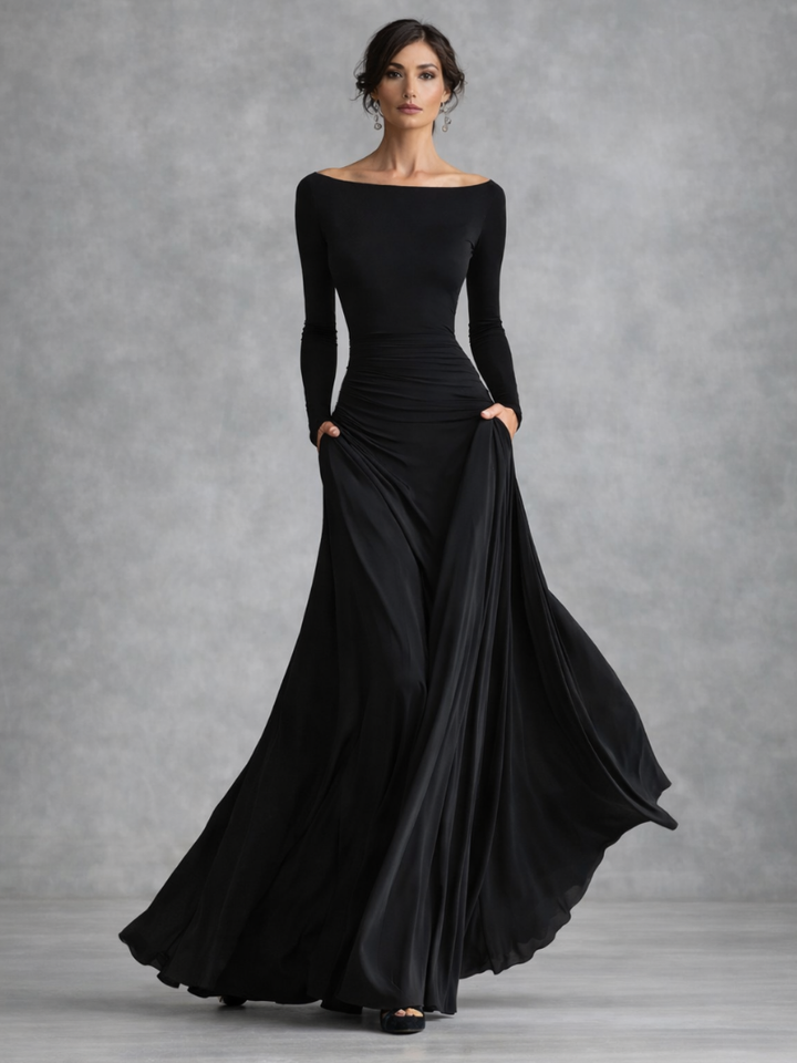 Elegant women's draped long sleeve maxi dress, perfect for sophisticated style and comfort.