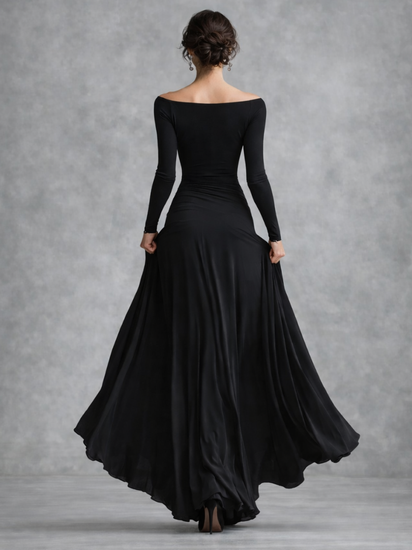 Women's boat neck draped maxi dress with long sleeves, offering effortless elegance.