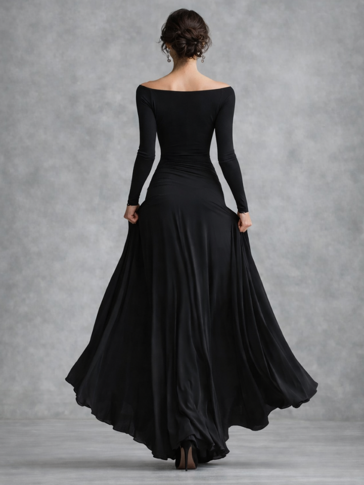 Women's boat neck draped maxi dress with long sleeves, offering effortless elegance.