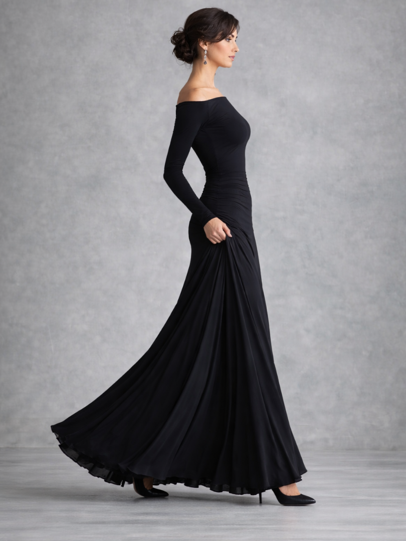 Flowy women's long sleeve maxi dress with beautiful draping, comfortable and chic.