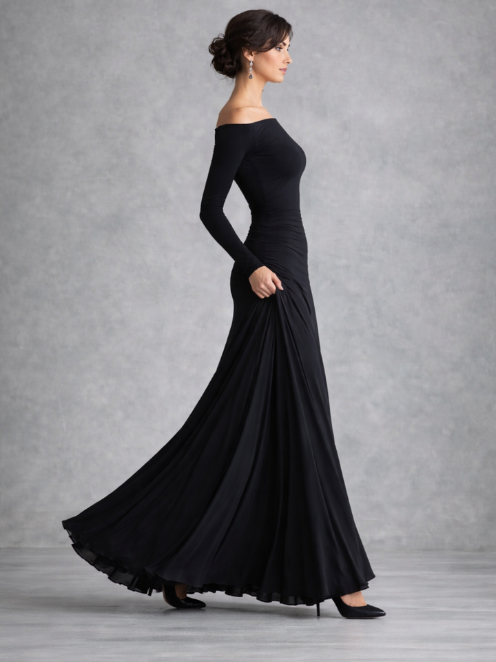 Flowy women's long sleeve maxi dress with beautiful draping, comfortable and chic.