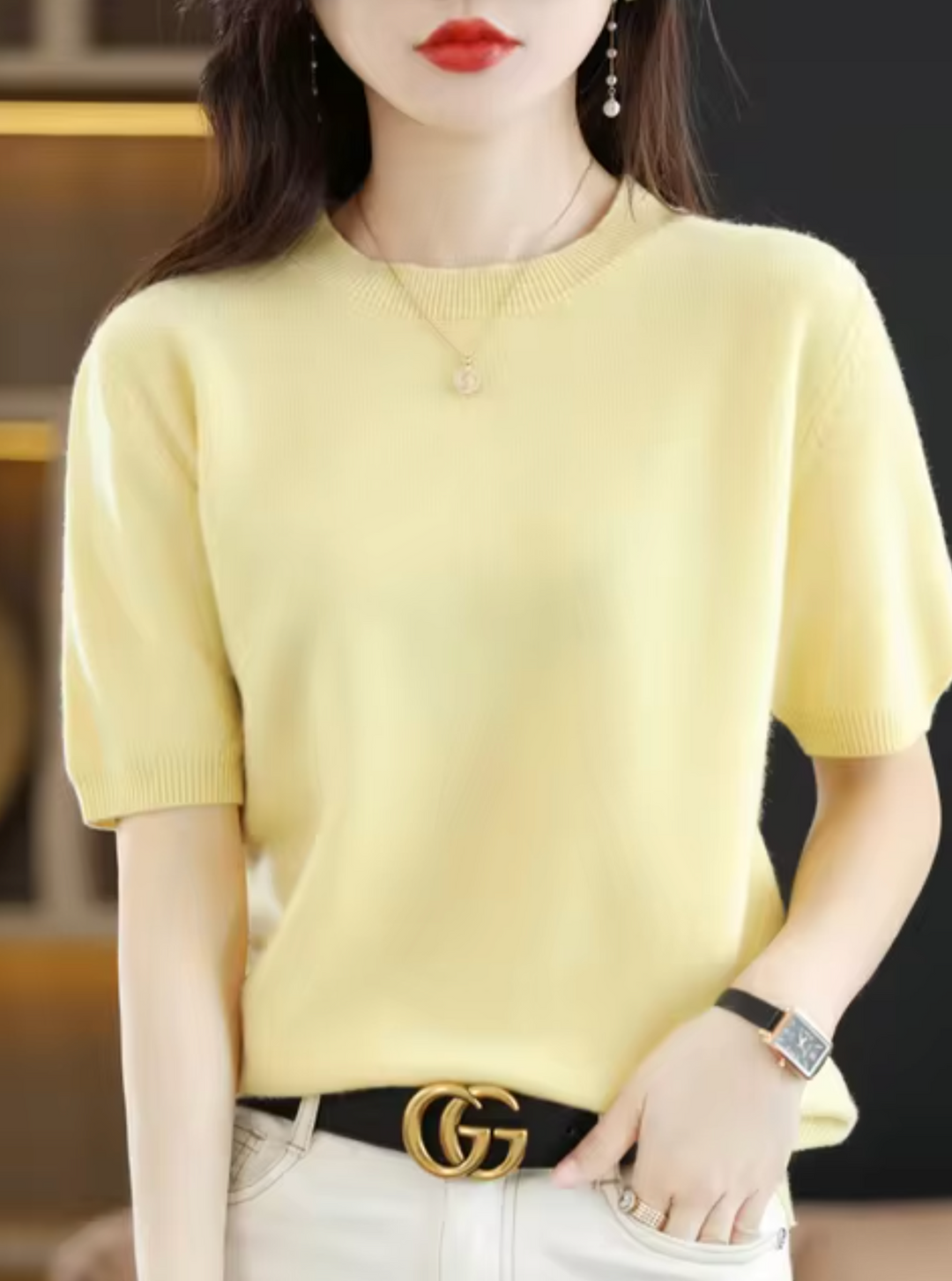 Women's chic short-sleeved knit top. Elegant, cozy, and versatile as a slim-fit layering piece.