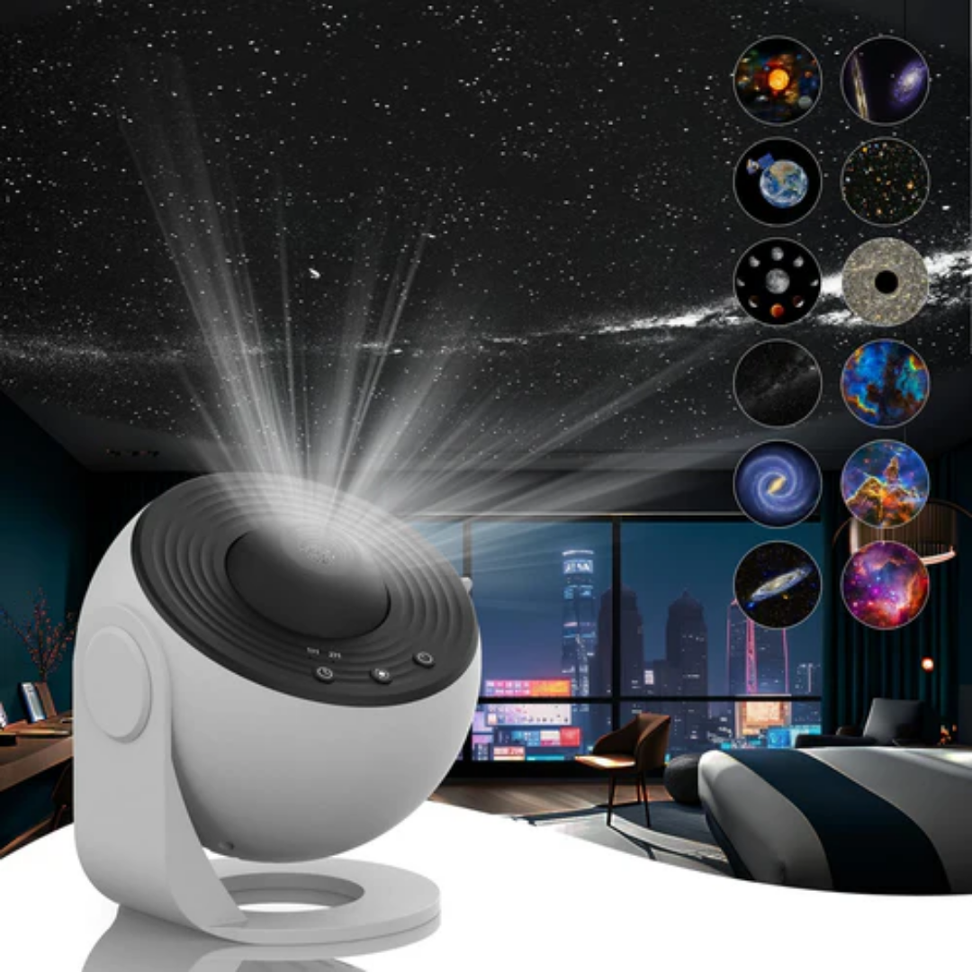 "Galaxy projector with 360° rotation showing twinkling stars, ideal for creating a relaxing and enchanting night sky at home.
