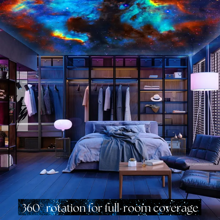 "Galaxy projector with 360° rotation showing twinkling stars, ideal for creating a relaxing and enchanting night sky at home.