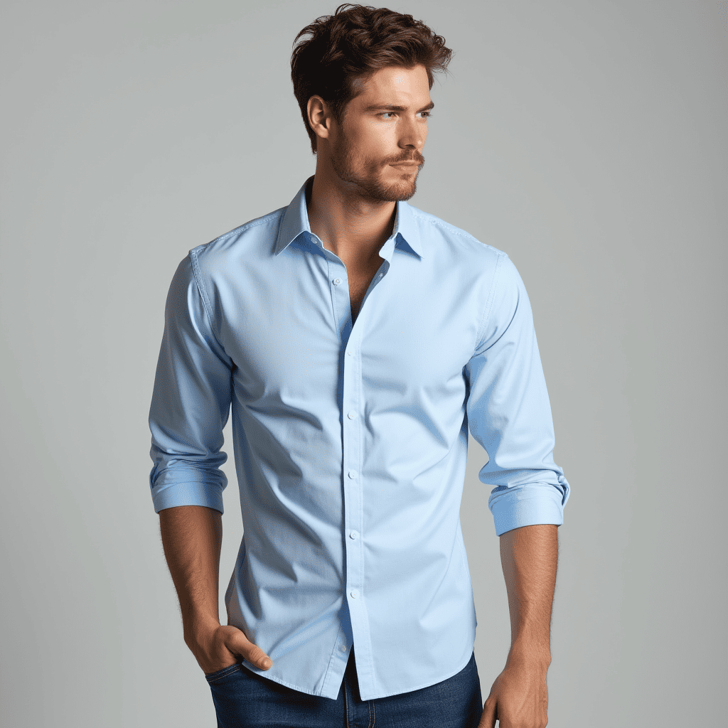 Men's classic light blue long sleeve button-down dress shirt for versatile business casual or everyday wear.