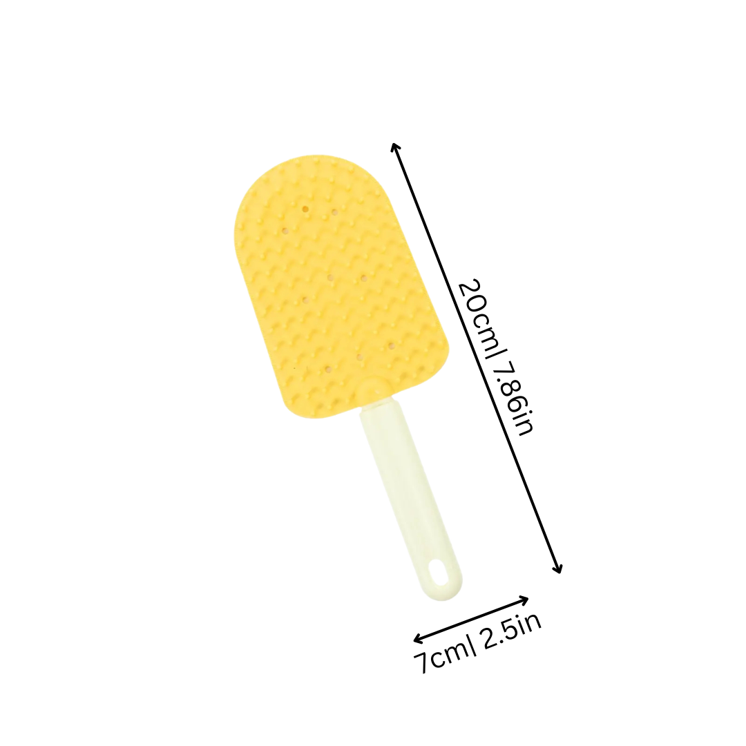 Yellow & blue deshedding brush for gentle dog & cat grooming, effectively removes loose fur.