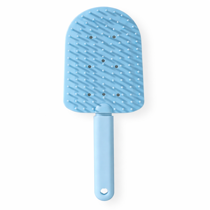 Ergonomic pet deshedding brush for comfortable, gentle cat & dog fur removal grooming.