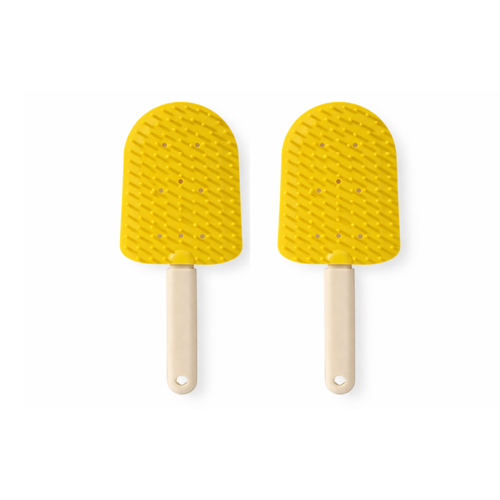Yellow pet deshedding grooming brush for effective fur removal on cats and dogs, pet care.