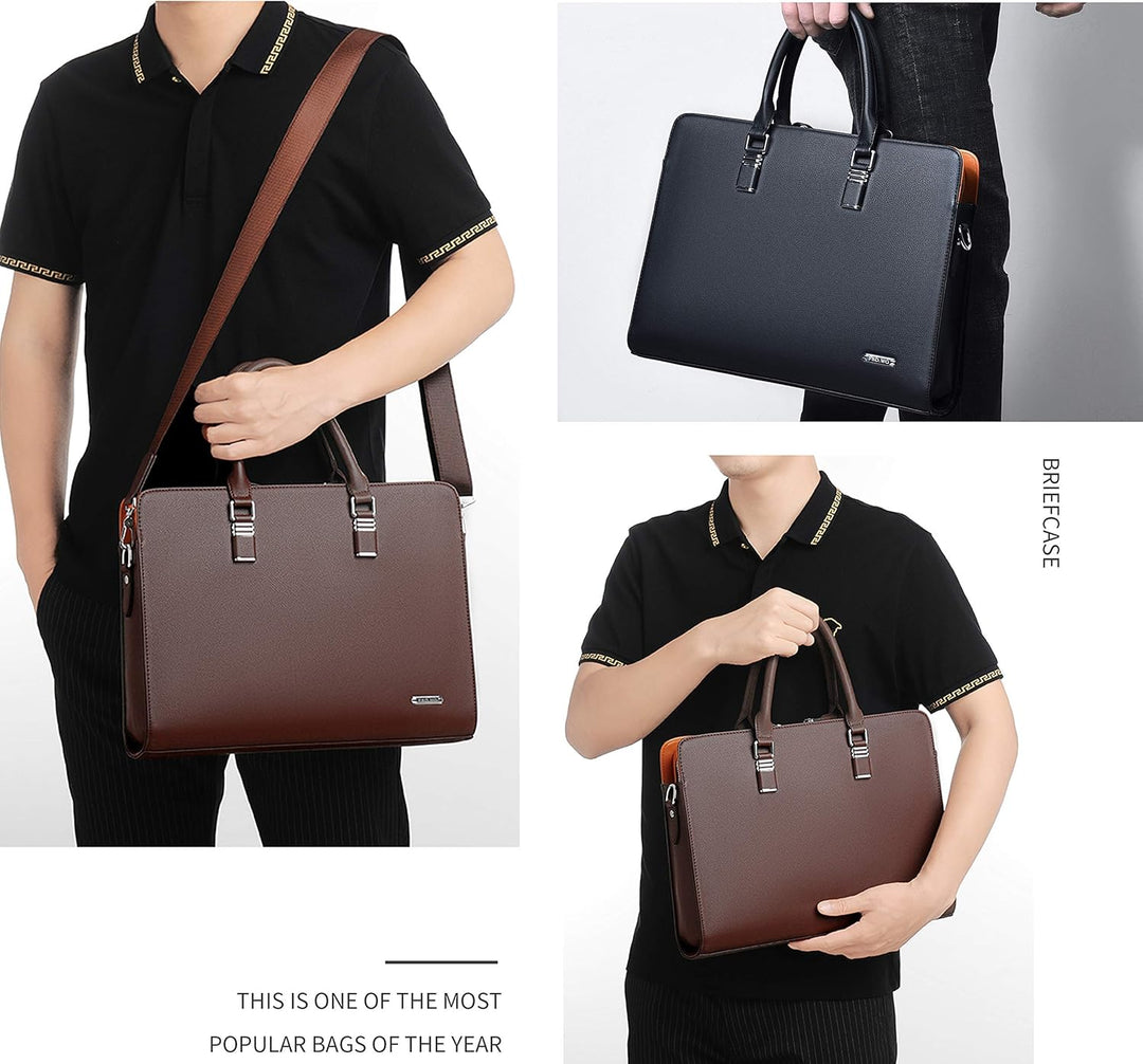 Smart men's leather executive briefcase with secure storage for laptops & documents.