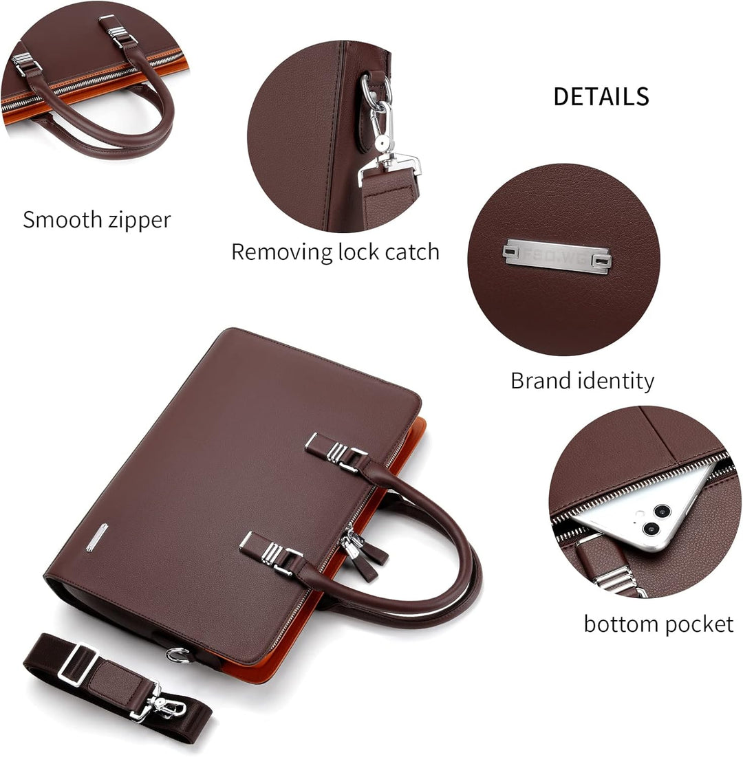 Dark brown genuine leather men's briefcase, professional multi-compartment business bag.