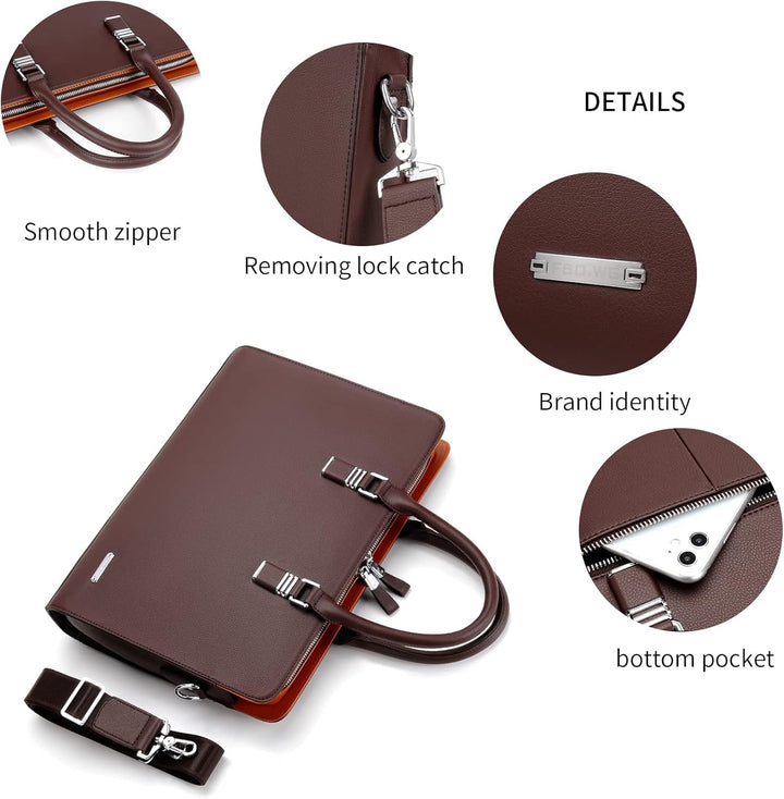 Dark brown genuine leather men's briefcase, professional multi-compartment business bag.