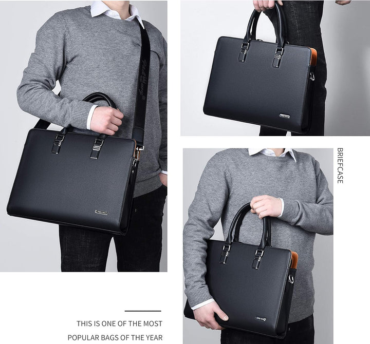 Executive genuine leather brief bag with organized compartments for business travel.