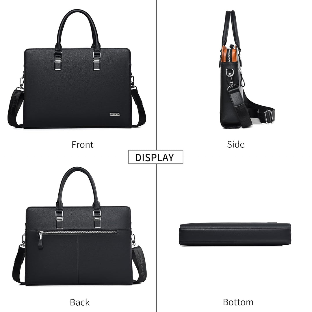 Stylish men's leather business briefcase with secure multiple compartments & shoulder strap.