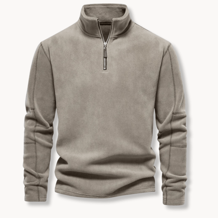 Dark grey men's half-zip pullover sweater with ribbed cuffs & collar, versatile for smart-casual outfits.
