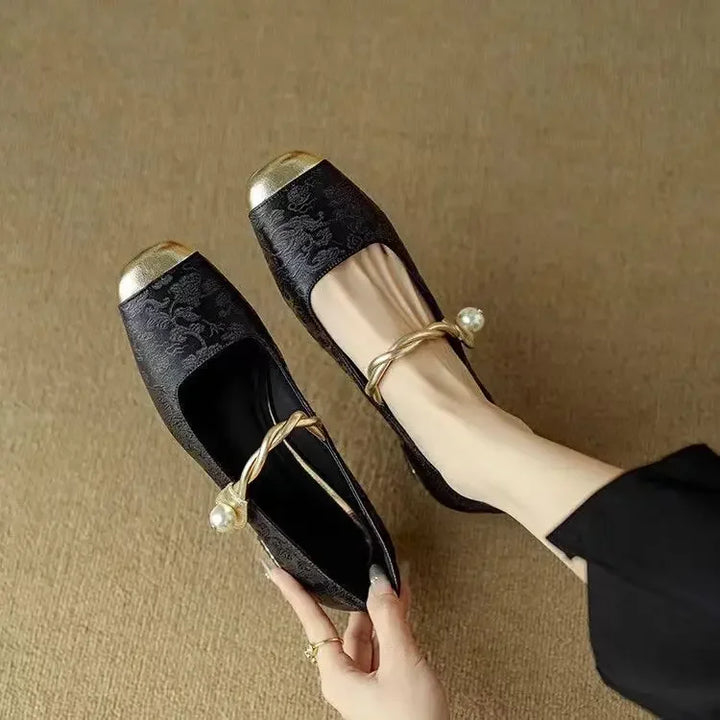 Shimmering vintage Mary Jane shoes for women, featuring a delicate braided pearl strap.