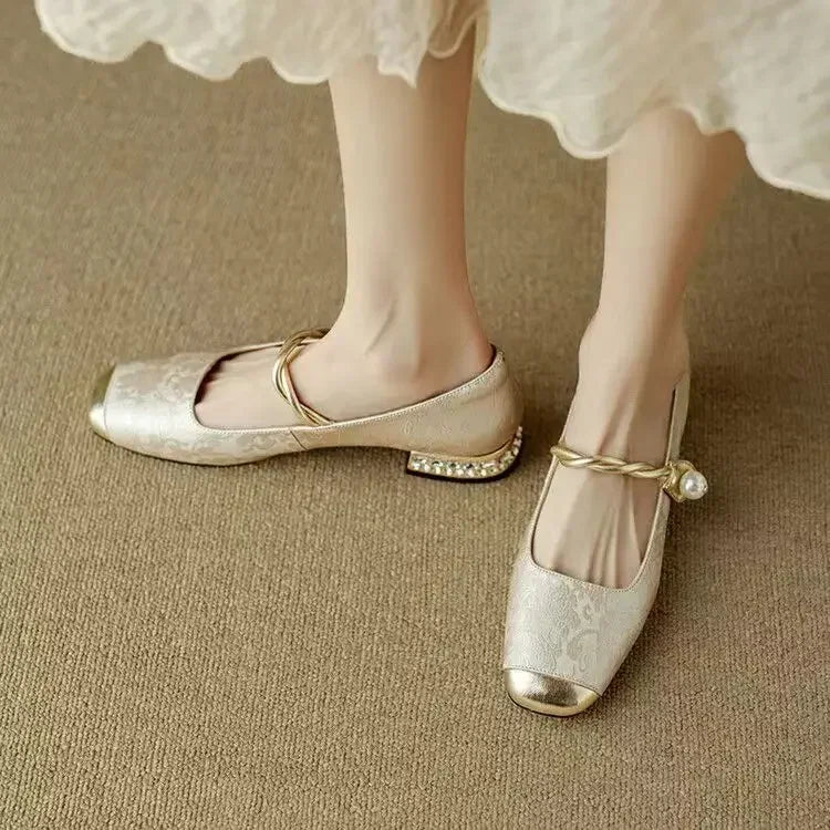 Occasion wear women's vintage Mary Jane shoes, elegant braided pearl strap design.
