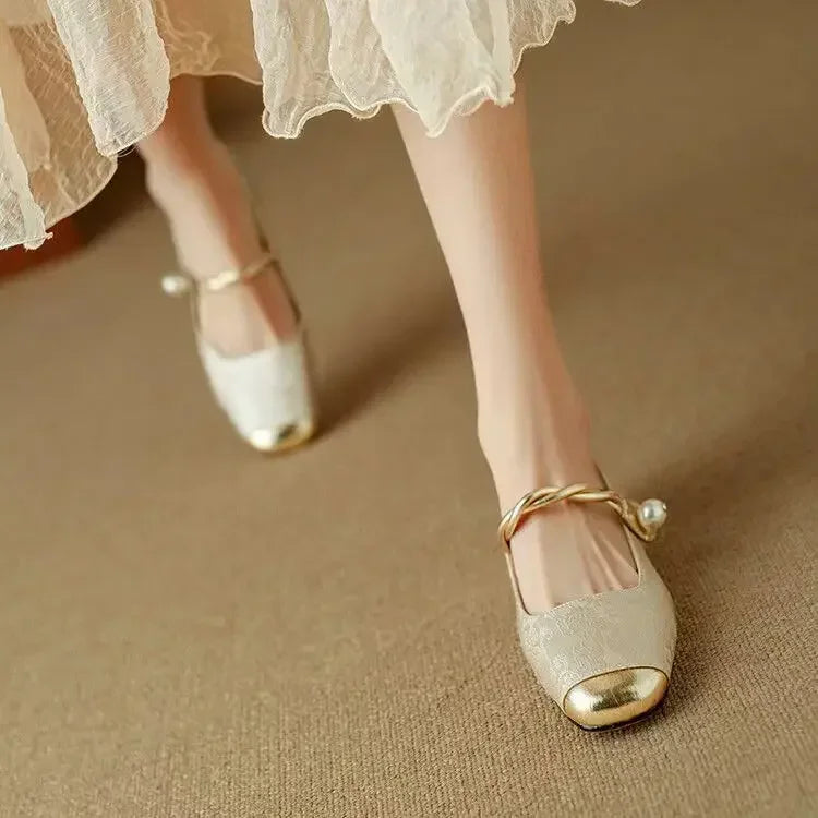 Durable block heel Mary Jane shoes for women, vintage charm with braided pearl strap.