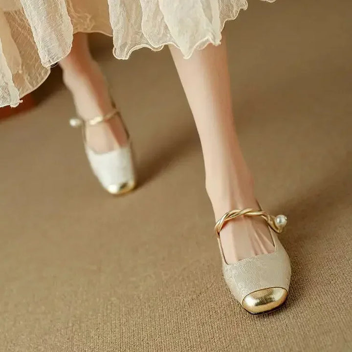 Durable block heel Mary Jane shoes for women, vintage charm with braided pearl strap.