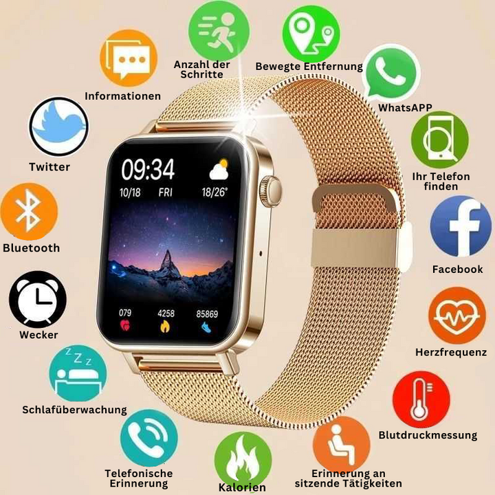 Unisex fitness tracker smartwatch monitoring heart rate, steps & activity. Features include calls & notifications.