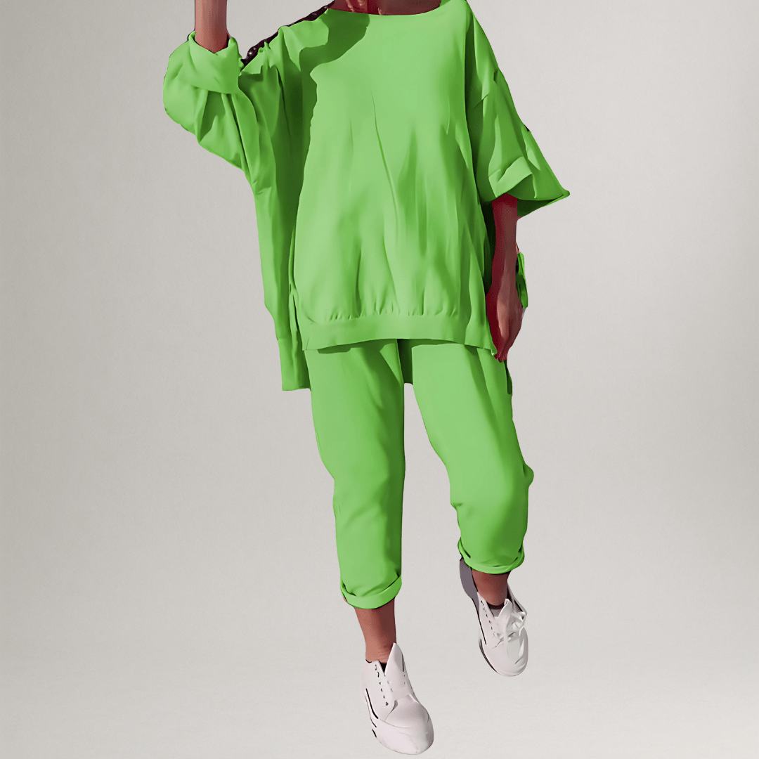 Luxurious fabric detail of the women's classic oversized blouse and wide-leg trouser loungewear set.