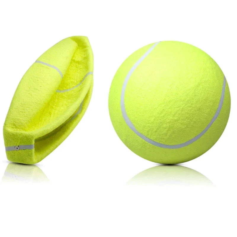 Large inflatable fetch ball, like a giant tennis ball for dogs, promoting active exercise & outdoor pet play.