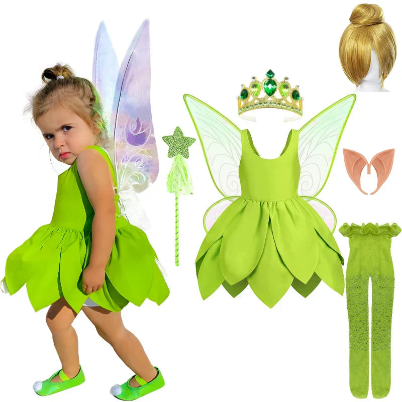 Girls' Tinkerbell fairy costume with green dress & sparkly wings for magical dress-up.