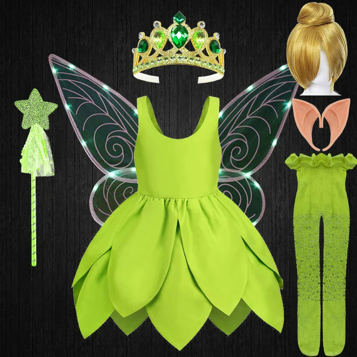 Girls' magical Tinkerbell dress-up costume with green layers and shimmering wings.