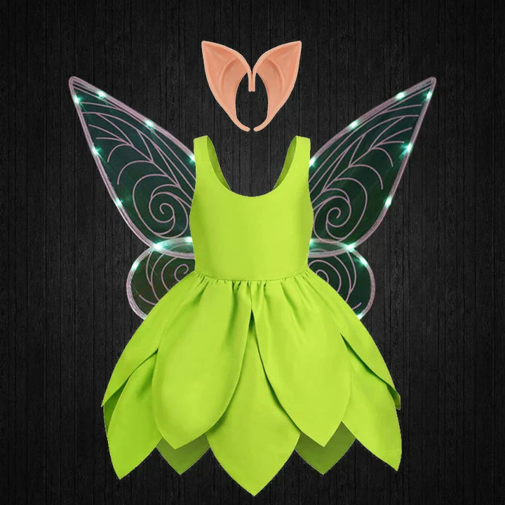 Children's Tinkerbell princess-style costume, a sparkling green fairy dress with wings.