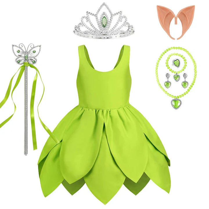 High-quality Tinkerbell costume for children, a comfortable green fairy dress with wings.