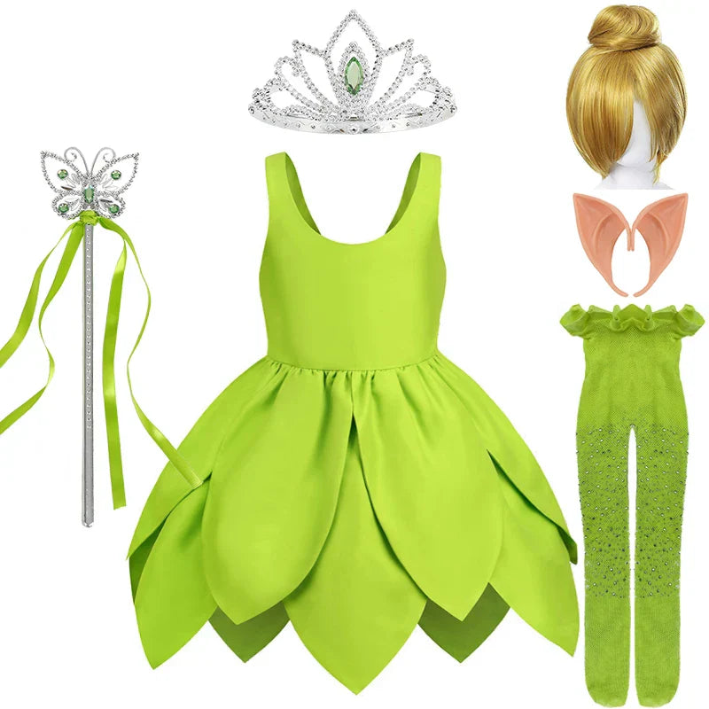 Pretty Tinkerbell girls' costume, a lovely green fairy dress with detailed wings for play.