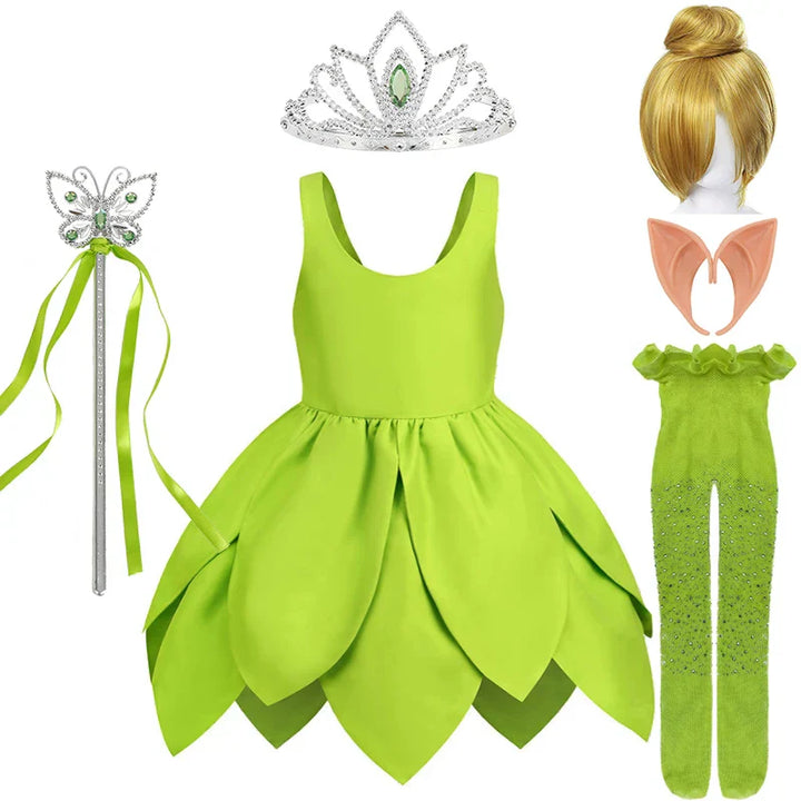 Pretty Tinkerbell girls' costume, a lovely green fairy dress with detailed wings for play.