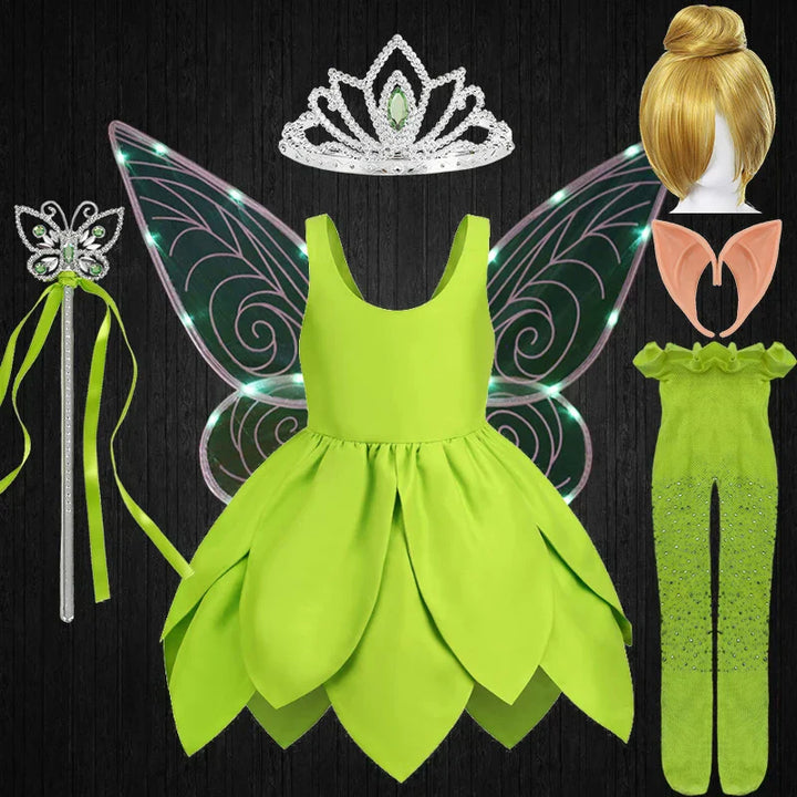 Green Tinkerbell fairy dress-up set for kids, great for Halloween or birthday parties.