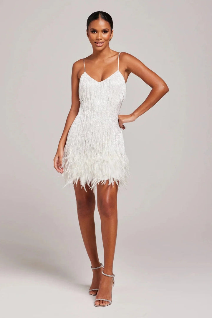 Glamorous women's mini dress with fringe and feather trim, perfect for evening parties & special occasions.