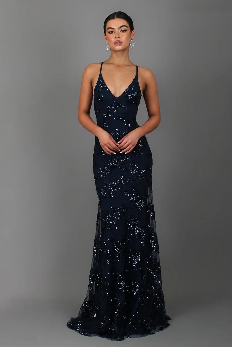 Glamorous women's sequin V-neck backless maxi dress, ideal for evening parties & special occasions.