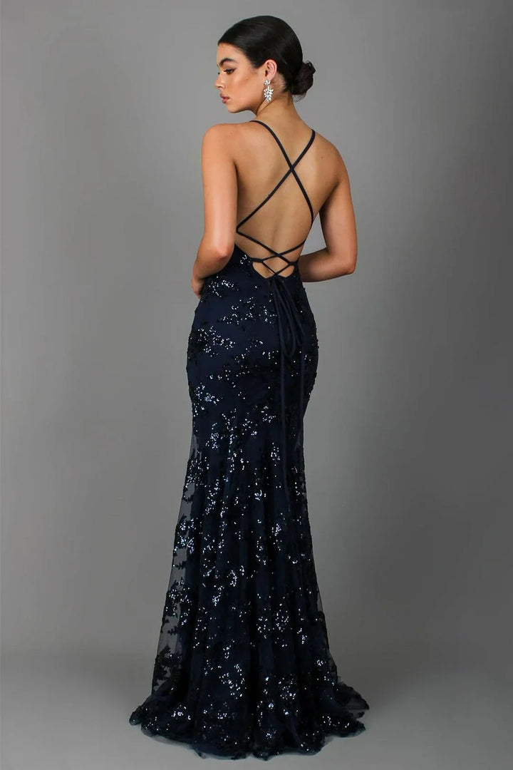 Elegant women's sleeveless sequin V-neck maxi dress with a flattering backless design for formal events.