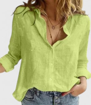 Classic women's button-down blouse, long sleeve, elegant design for work, office, or casual outfits.