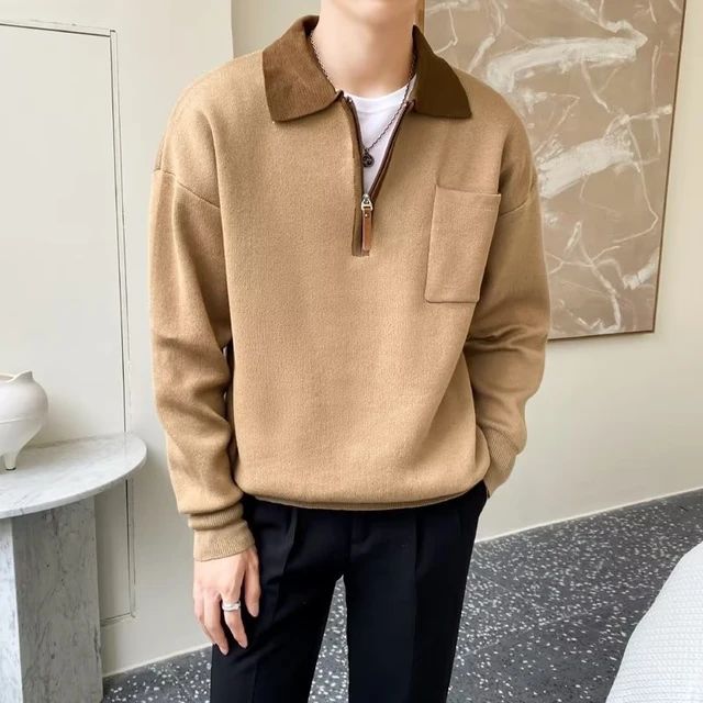 Stylish men's half-zip polo sweater, perfect for comfortable layering. Versatile casual wear for autumn & winter outfits.
