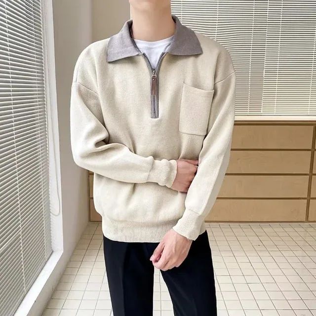 Comfortable men's half-zip polo sweater with a relaxed fit. A stylish choice for casual wear and winter layering.