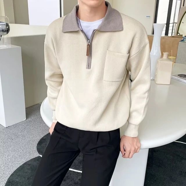 Versatile men's half-zip polo collar sweater, great for autumn fashion. A stylish & comfortable piece for casual outfits.
