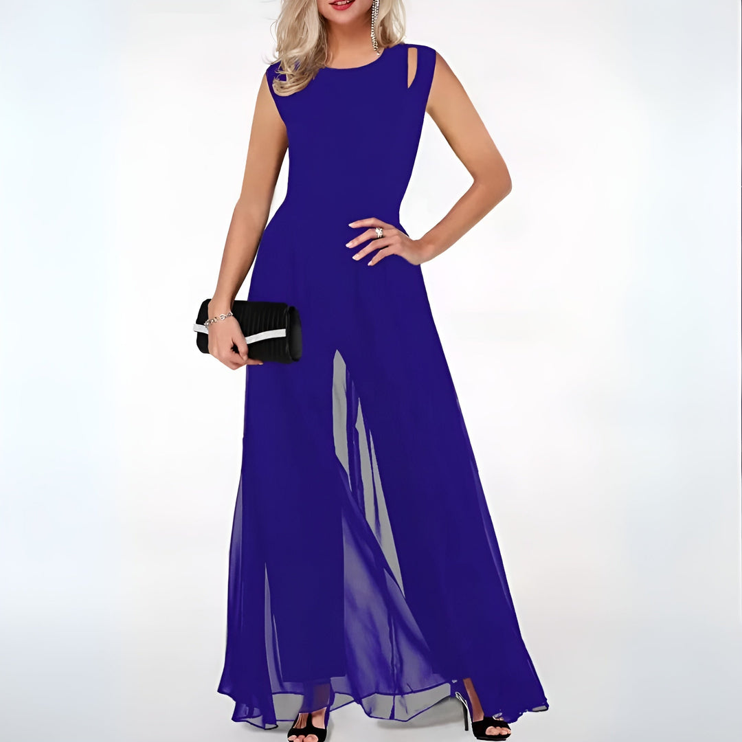Stylish women's wide-leg sleeveless jumpsuit for elegant occasion wear, comfortable & formal.