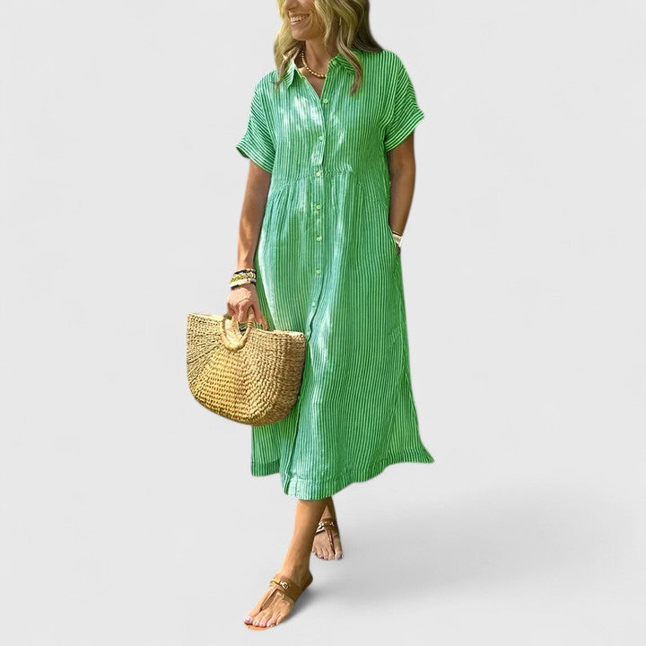All-day comfort women's vertical stripe midi dress, elegant and flattering for any occasion.
